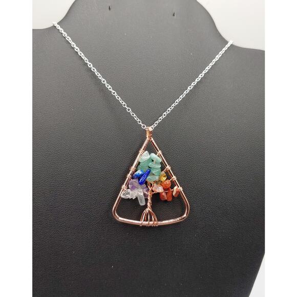 Handmade Tree of Life Necklace Gemstone Chips 20" Sterling Silver Chain - Picture 1 of 3